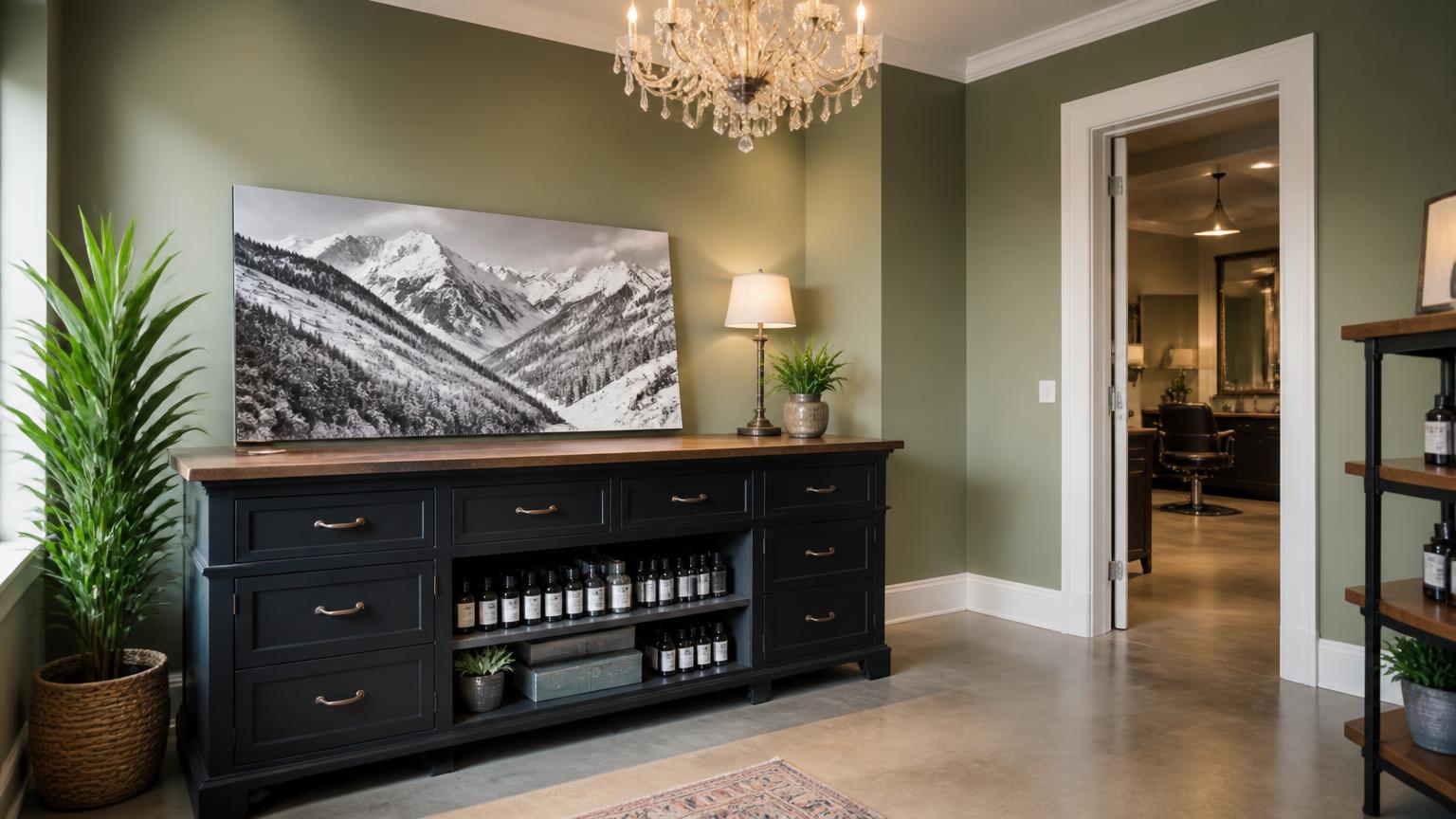Front desk area of Peak to Peak Barbershop with a sage green wall, black reception console, chandelier, and a black-and-white Colorado mountain canvas