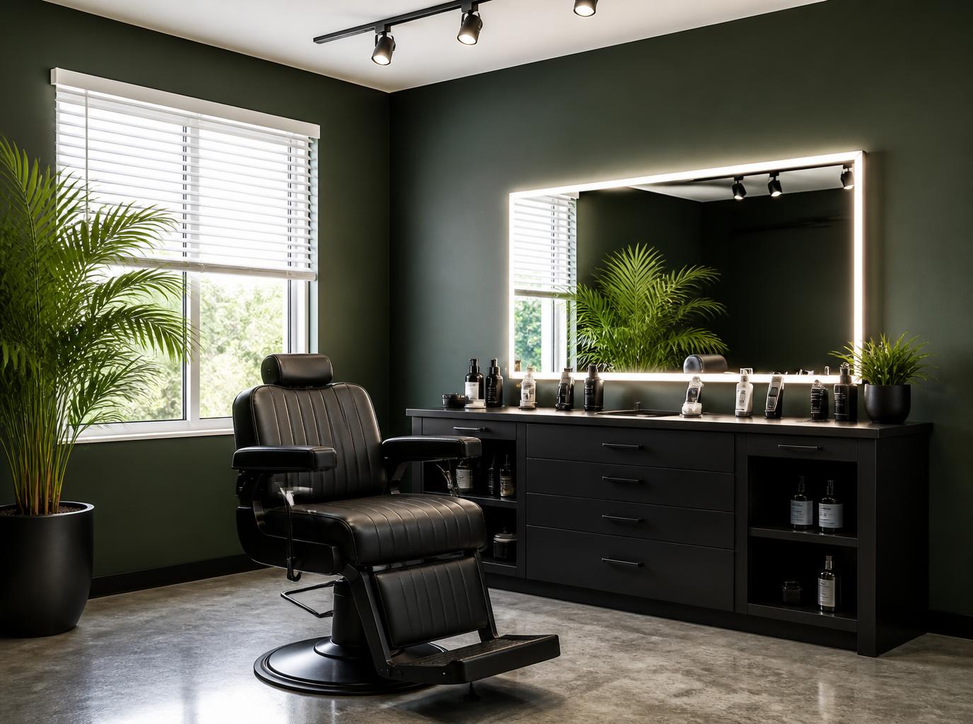 Peak to Peak Barbershop interior with forest green walls, a black barber station with backlit mirror, leather chair, and natural light from the front window
